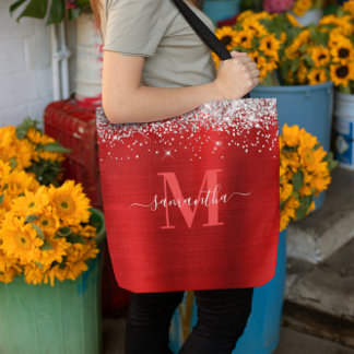 Signature Monogram Silver Glitter Red Foil Tote Bag