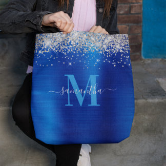 Signature Monogram Silver Glitter Royal Blue Foil Tote Bag