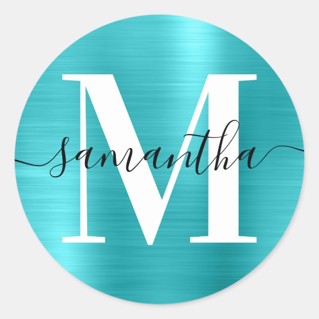 Signature Monogram Turquoise Blue Shimmer Classic Round Sticker (Front)