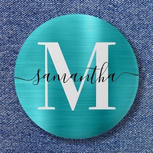 Signature Monogram Turquoise Blue Shimmer Foil 6 Cm Round Badge