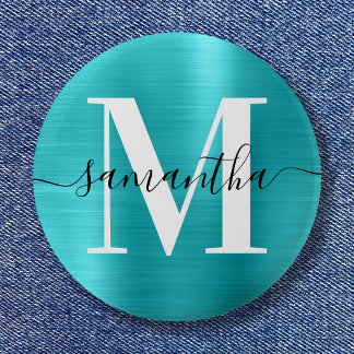 Signature Monogram Turquoise Blue Shimmer Foil  6 Cm Round Badge