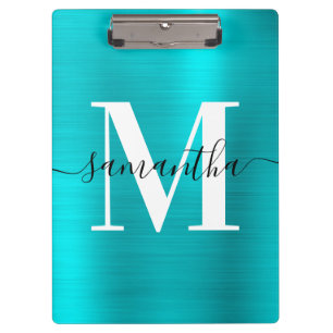Signature Monogram Turquoise Blue Shimmer Foil  Clipboard