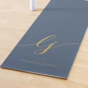 Signature Name Simple Calligraphy Navy Blue Gold Yoga Mat