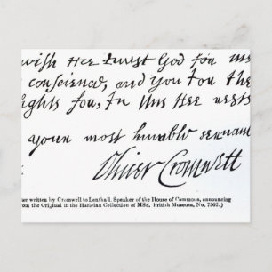 Signature Oliver Cromwell,from handwritten Postcard