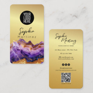 Signature Purple Agate gold marble & QR Code Logo Business Card