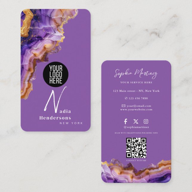 Signature Purple Agate gold marble & QR Code Logo Business Card (Front/Back)