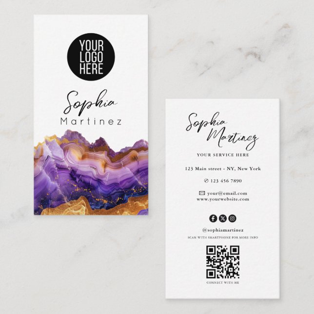 Signature Purple Agate gold marble & QR Code Logo Business Card (Front/Back)