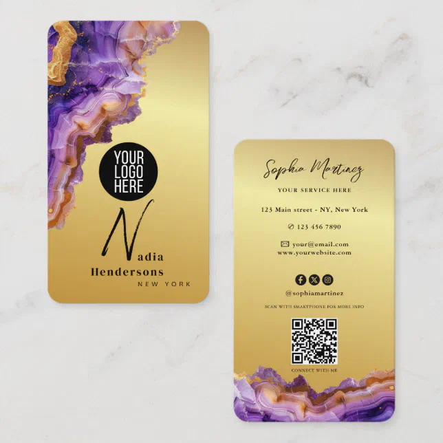 Signature Purple Agate gold marble & QR Code Logo Business Card | Zazzle