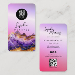 Signature Purple Agate gold marble & QR Code Logo Business Card