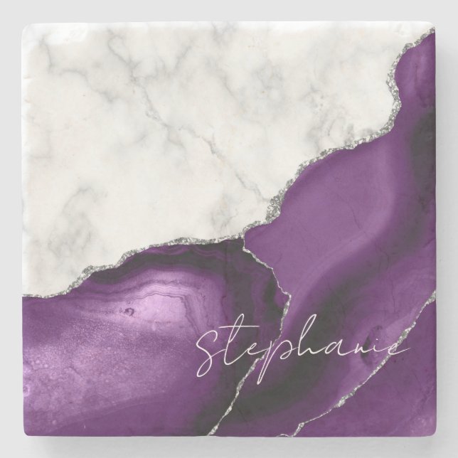 Signature Purple Silver Agate White Marble Stone Coaster (Front)