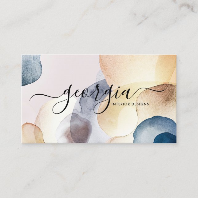 Signature Script Abstract Watercolor Gold Navy Business Card (Front)