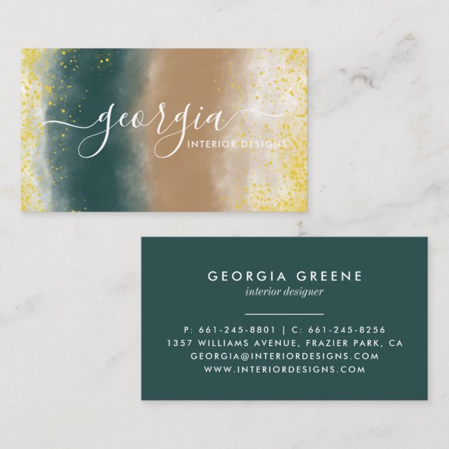Signature Script | Abstract Watercolor Teal Beige Business Card (Front/Back)