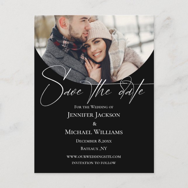 signature script arch photo black save the date  announcement postcard (Front)