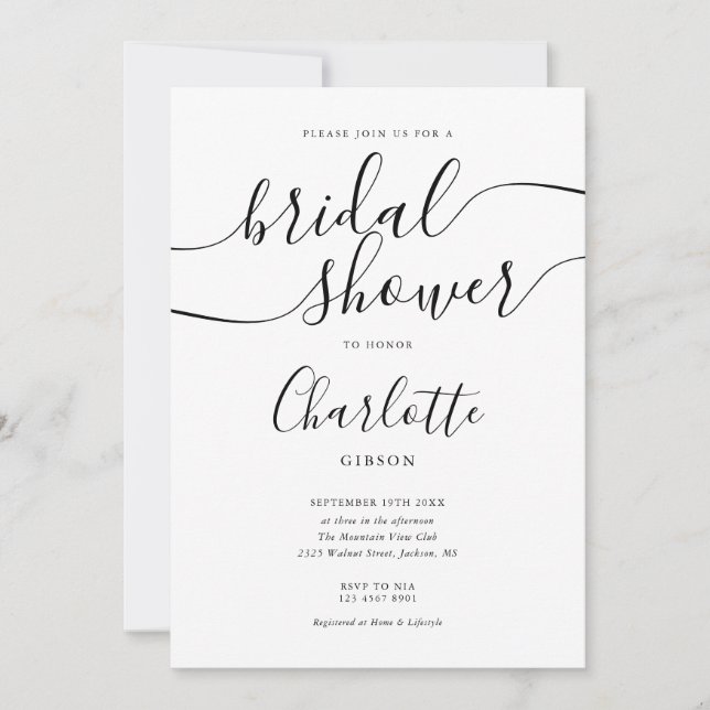 Signature Script Black And White Bridal Shower Invitation (Front)