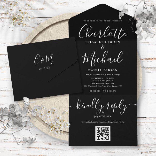 Signature Script Black And White QR Code Wedding  All In One Invitation (Signature Script Black And White QR Code Wedding All In One Invitation)