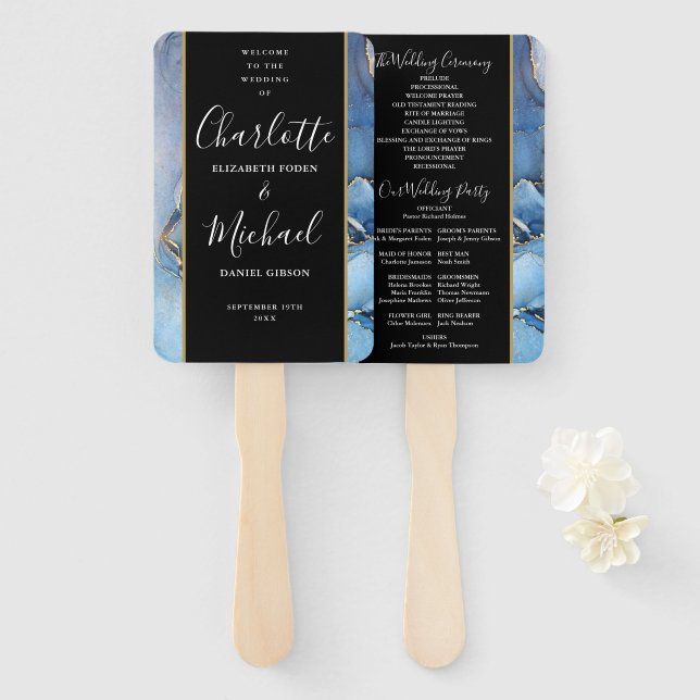 Signature Script Blue Agate Wedding Program Hand Fan (Front and Back)