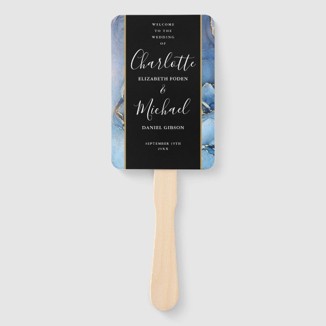Signature Script Blue Agate Wedding Program Hand Fan (Front)