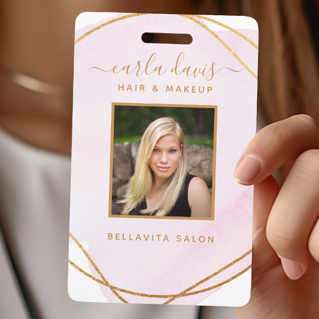 Signature Script Blush Pink Watercolor Gold Circle ID Badge (Creator Uploaded)