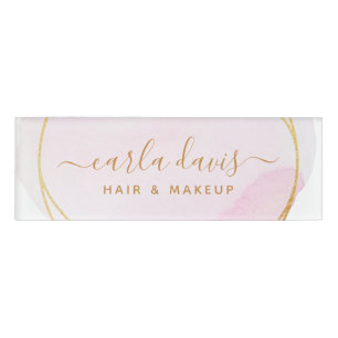 Signature Script Blush Pink Watercolor Gold Circle Name Tag