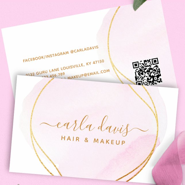 Signature Script Blush Pink Watercolor Gold QR Business Card (Creator Uploaded)