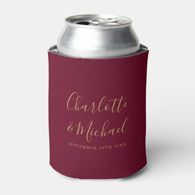 Signature Script Burgundy and Gold Wedding Can Cooler (Can Front)