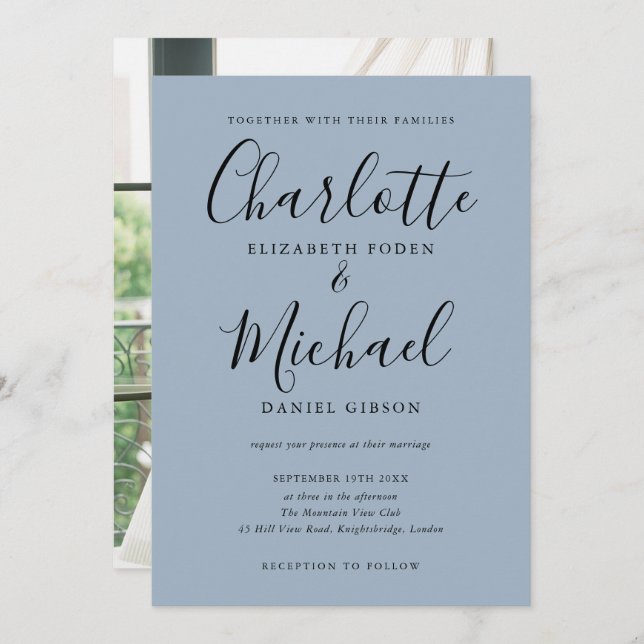 Signature Script Dusty Blue Photo Wedding Invitation (Front/Back)