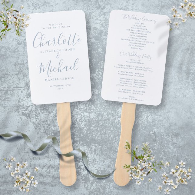 Signature Script Dusty Blue Wedding Program Hand Fan (Signature Script Dusty Blue Wedding Program Hand Fan)