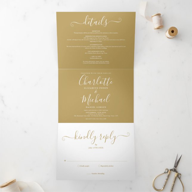 Signature Script Elegant Monogram Gold Wedding Tri-Fold Invitation (Inside)