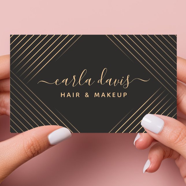 Signature Script Geometric Lines Black And Gold Business Card (Creator Uploaded)
