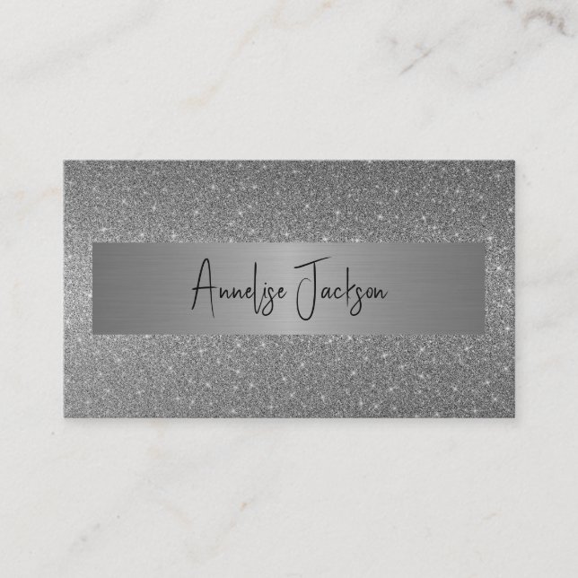 Signature script modern glam silver glitter business card (Front)