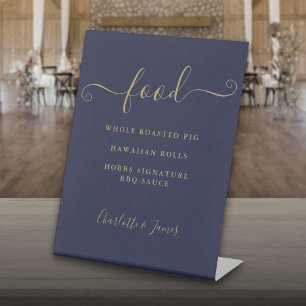 Signature Script Navy Blue And Gold Food Menu Pedestal Sign