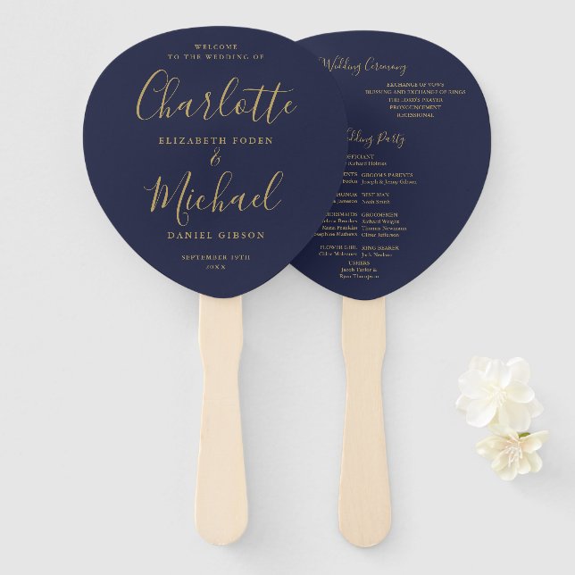 Signature Script Navy Blue Gold Wedding Program Hand Fan (Front and Back)