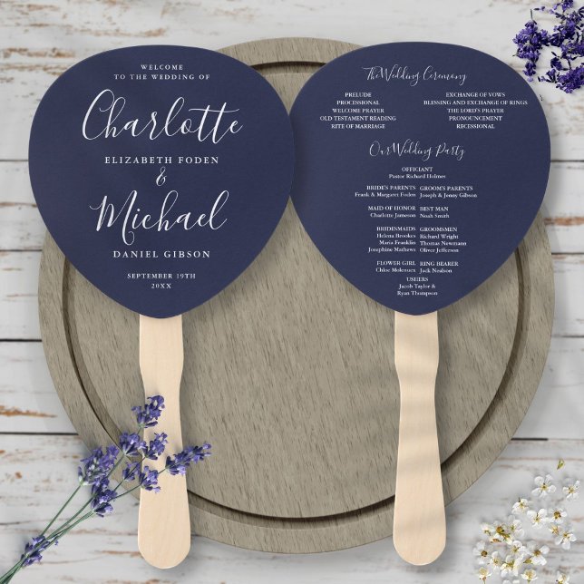 Signature Script Navy Blue Wedding Program Hand Fan (Creator Uploaded)