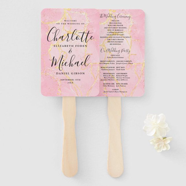 Signature Script Pink Gold Marble Wedding Program Hand Fan (Front and Back)