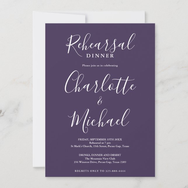 Signature Script Purple Rehearsal Dinner Invitation (Front)