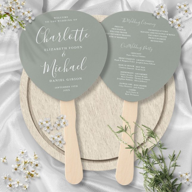 Signature Script Sage Green Wedding Program Hand Fan (Signature Script Sage Green Wedding Program Hand Fan)