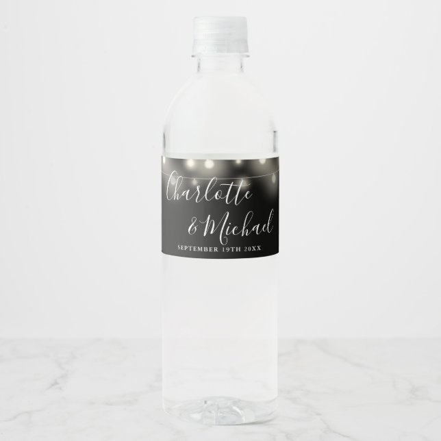 Signature Script String Lights Black White Wedding Water Bottle Label (Front)