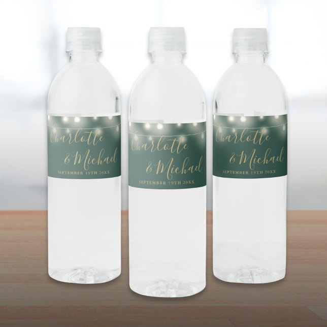 Signature Script String Lights Green Gold Wedding Water Bottle Label (Signature Script String Lights Green Gold Wedding Water Bottle Label)