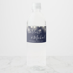 Signature Script String Lights Navy Blue Wedding Water Bottle Label