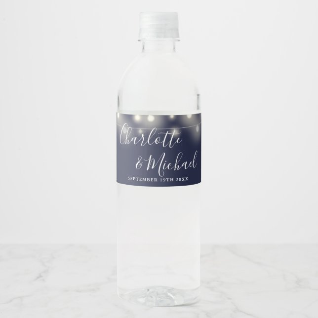 Signature Script String Lights Navy Blue Wedding Water Bottle Label (Front)