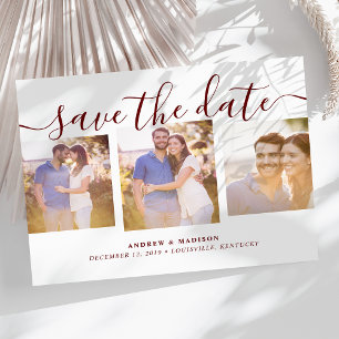Signature Script Three Photos Maroon Save The Date Announcement Postcard