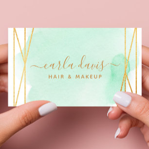 Signature Script Watercolor Aqua Gold Geometric Business Card