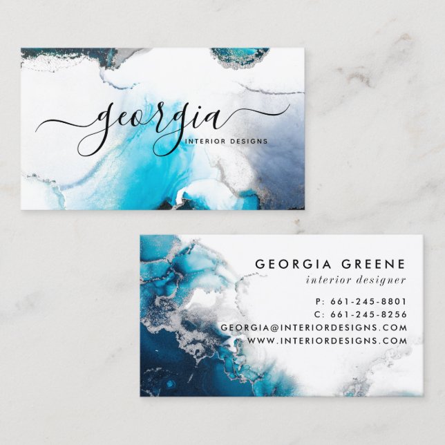 Signature Script Watercolor Blue Silver Marble Business Card (Front/Back)