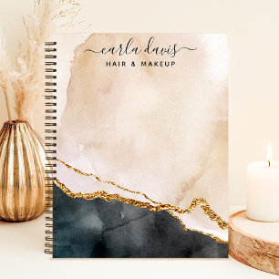 Signature Script Watercolor Pink Black Gold Marble Notebook