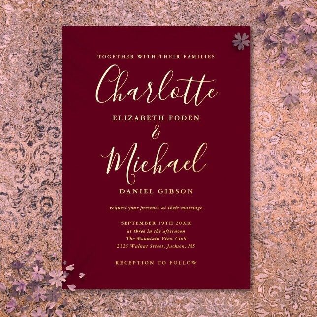 Signature Script Wedding Burgundy And Gold (Signature Script Wedding Burgundy And Gold Foil Invitation)