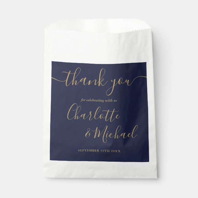 Signature Script Wedding Navy Blue Gold Thank You Favour Bags (Front)