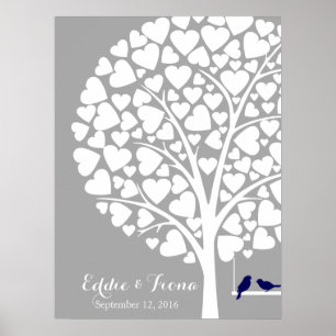 signature wedding guest book tree bird navy