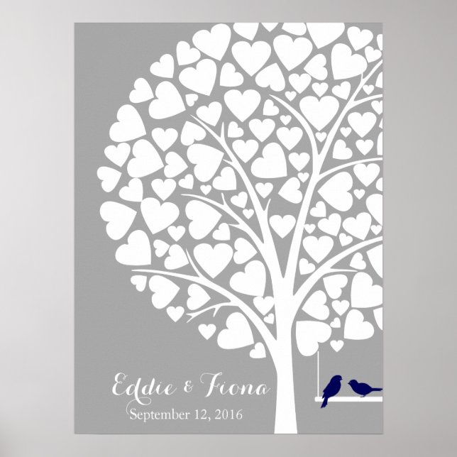 signature wedding guest book tree bird navy (Front)