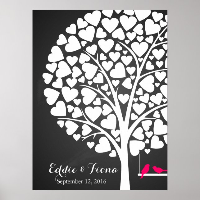 signature wedding guest book tree bird pink (Front)