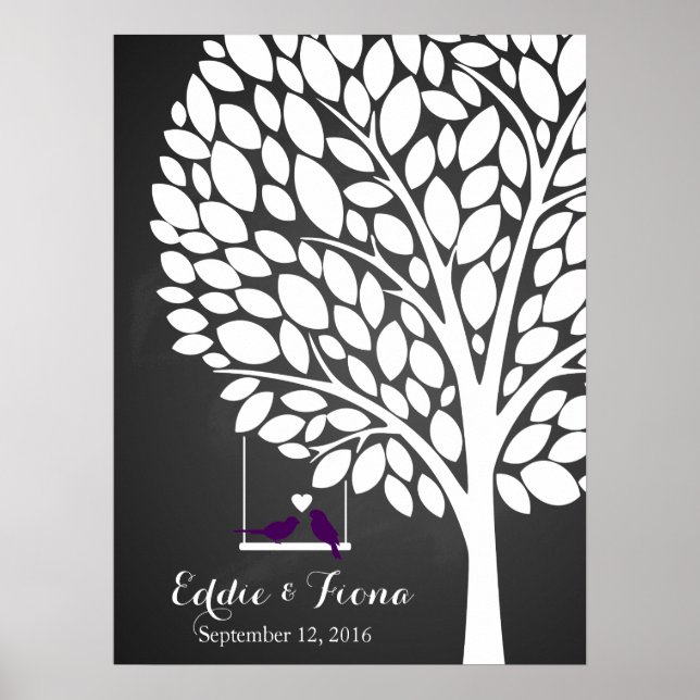 signature wedding guest book tree bird purple (Front)